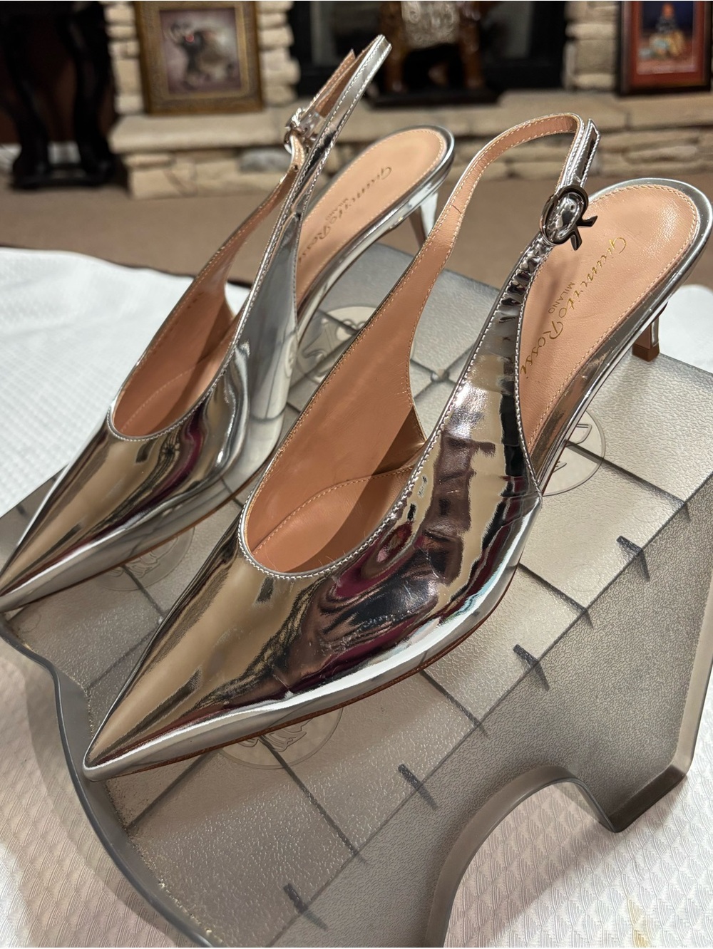 Gianvito Rossi Silver Pointed-Toe Slingback Mules